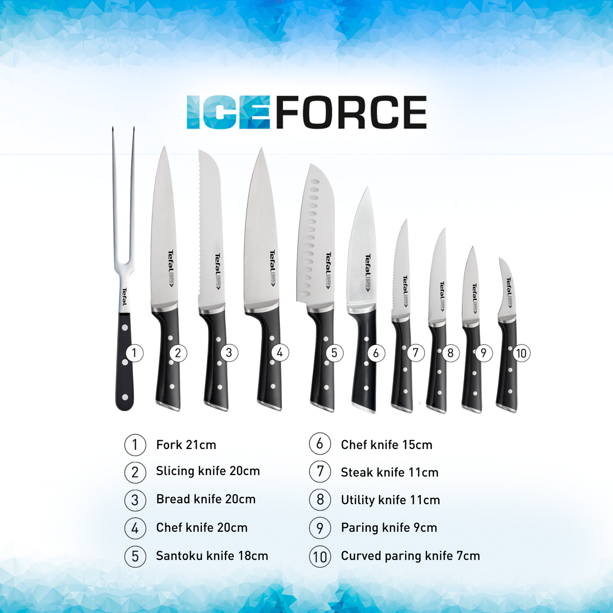 Tefal เซ็ตมีดทำครัว Ice Force 2 ชิ้น : มีด Santoku 18 ซม. และ มีดอเนกประสงค์ 12 ซม.