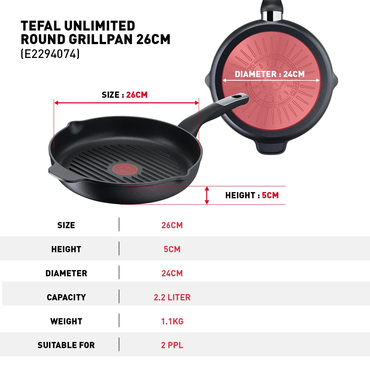 Tefal กระทะย่าง Unlimited ขนาด 26 ซม. รุ่น E2294074