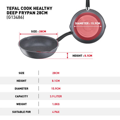 Tefal กระทะก้นลึก Cook Healthy ก้นอินดักชั่น ขนาด 28 ซม. ขอบ 2 หยัก รุ่น G1348695