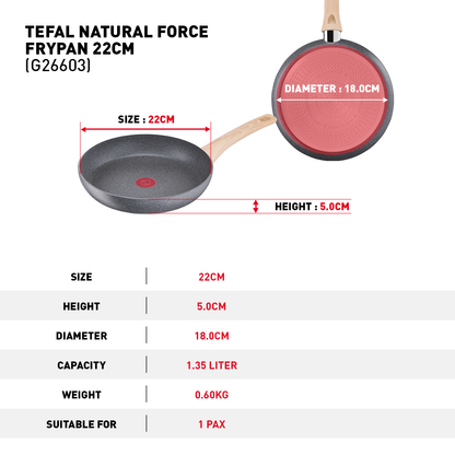 Tefal กระทะก้นแบน Natural Force Frypan ขนาด 22 ซม. รุ่น G2660302
