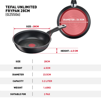 Tefal กระทะก้นแบน  Unlimited ขนาด 28 ซม. รุ่น G2550602 ใช้ได้กับเตาทุกประเภท ผลิตที่ฝรั่งเศส