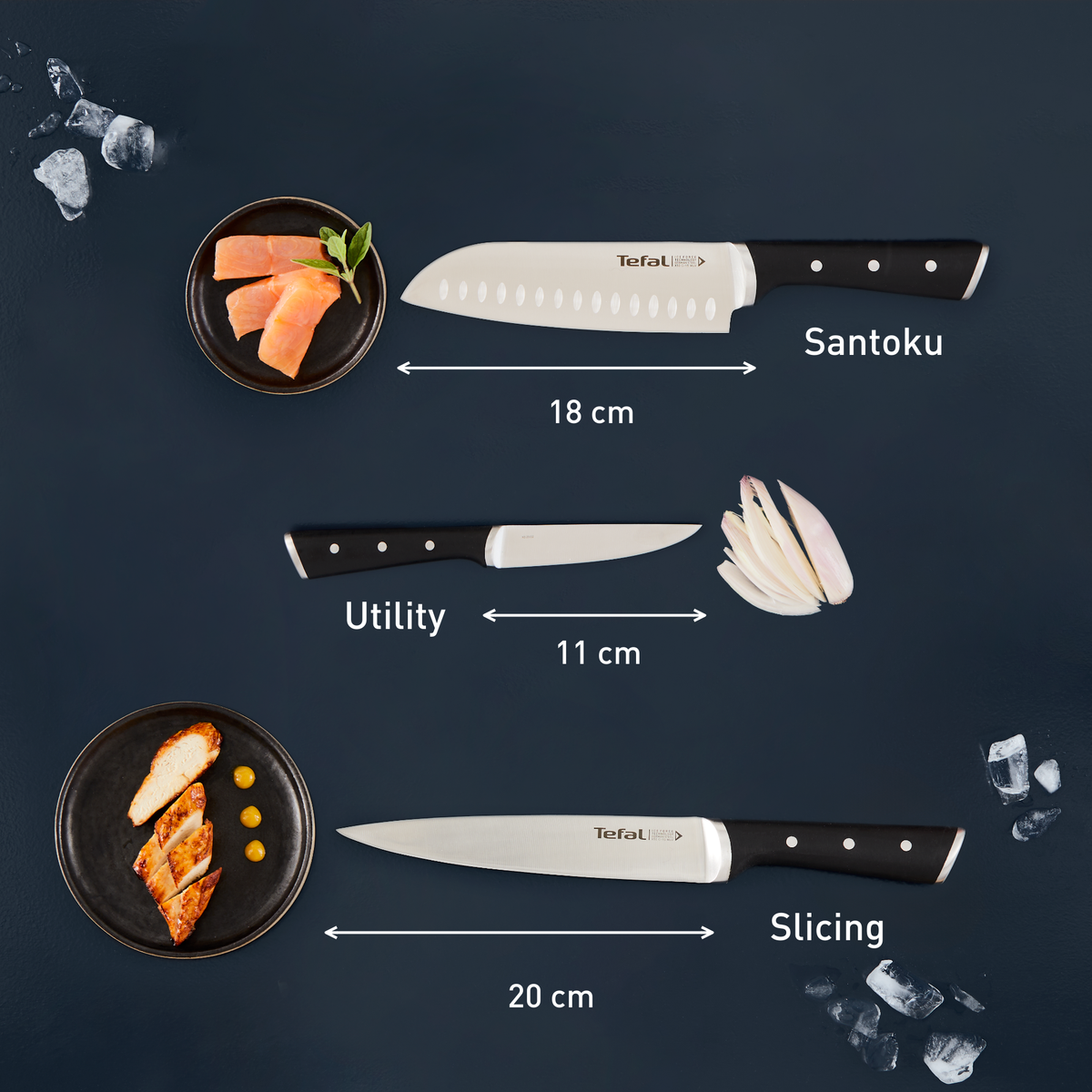 Tefal Ice Force เซ็ตมีดทำครัว 3 ชิ้น : มีด Santoku 18 ซม. มีดเชฟ 20 ซม. มีดอเนกประสงค์ 11 ซม.