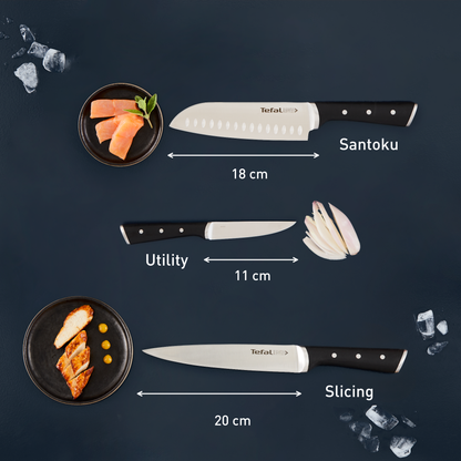 Tefal Ice Force เซ็ตมีดทำครัว 3 ชิ้น : มีด Santoku 18 ซม. มีดเชฟ 20 ซม. มีดอเนกประสงค์ 11 ซม.