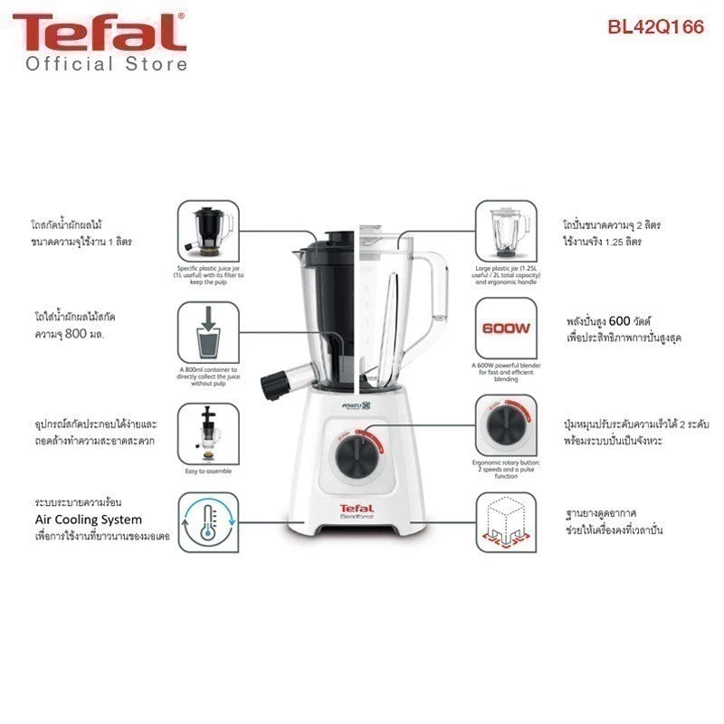 Tefal เครื่องปั่นและสกัดน้ำผักผลไม้ 2 ระบบในเครื่องเดียว 
BLENDFORCE 2 IN 1 
กำลังไฟ 600 วัตต์
รุ่น BL42Q