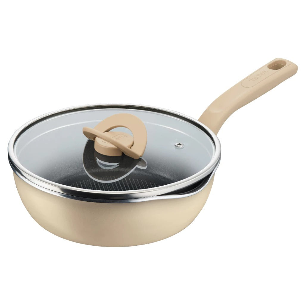 Tefal กระทะก้นลึกพร้อมฝา ONE PICK POT PAN สีครีม ขนาด 22cm